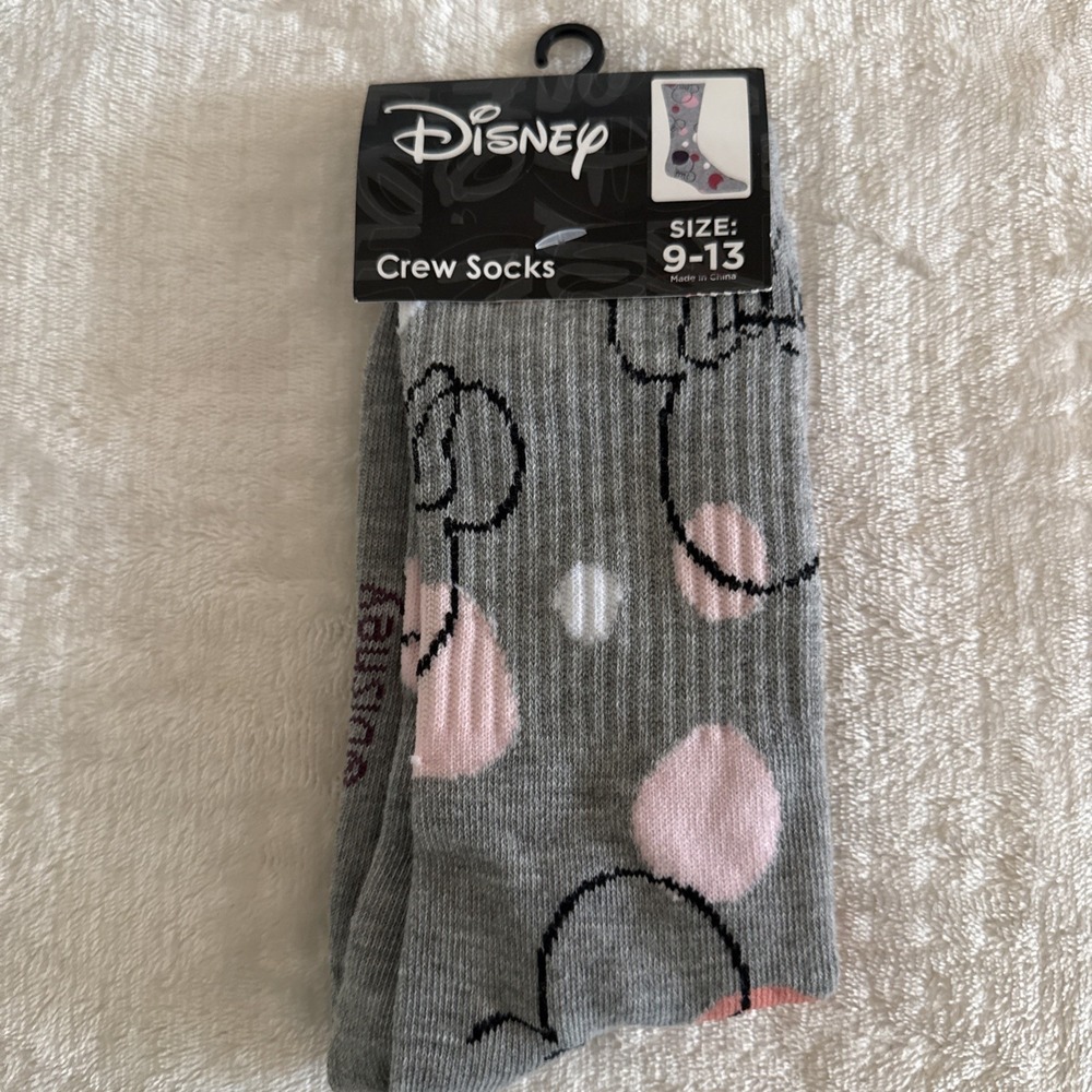 Disney Minnie Mouse Crew Socks (1 Pair) Size 9-13 New Gray & Pink